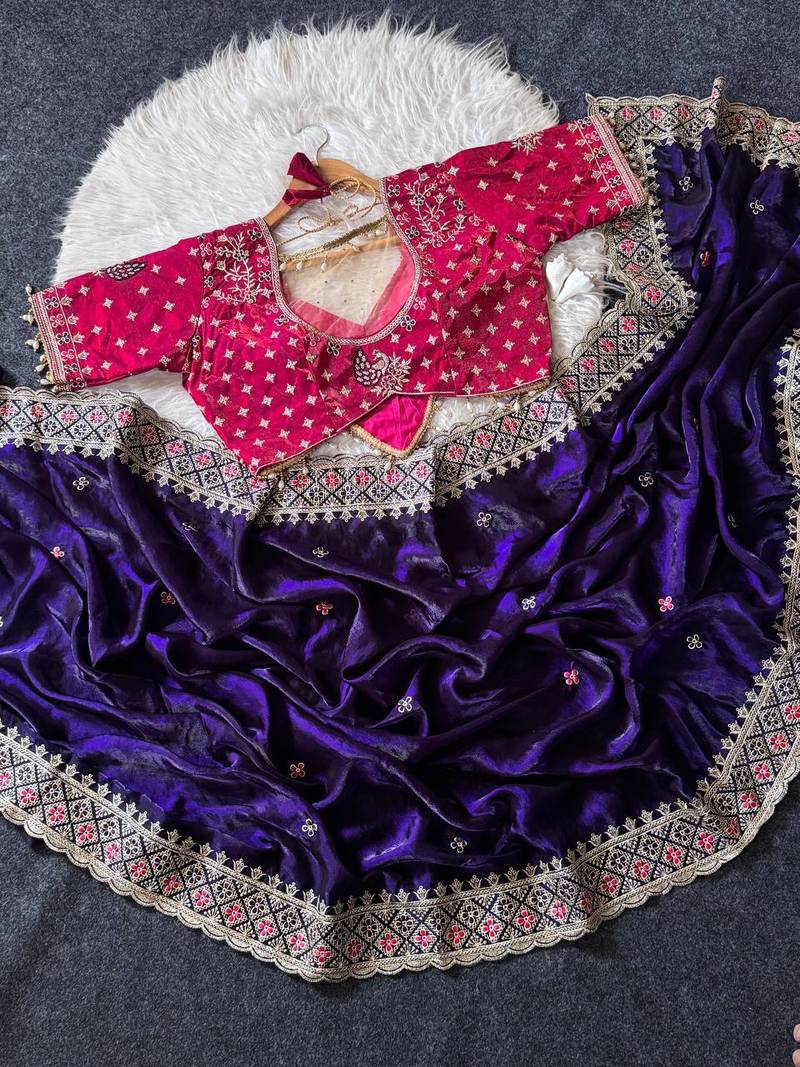 Purple Color Embroidery theard Work Satin Saree