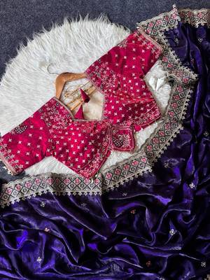 Purple Color Embroidery theard Work Satin Saree 2