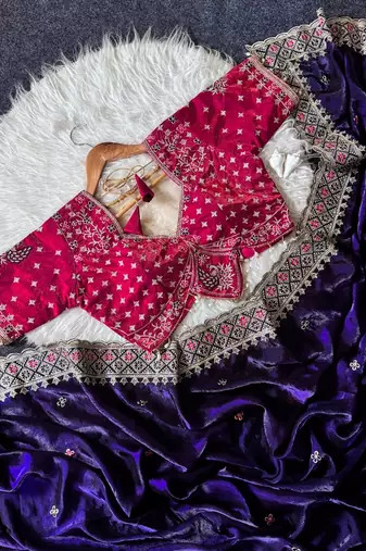 Purple Color Embroidery theard Work Satin Saree