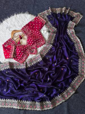 Purple Color Embroidery theard Work Satin Saree 3