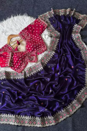 Purple Color Embroidery theard Work Satin Saree
