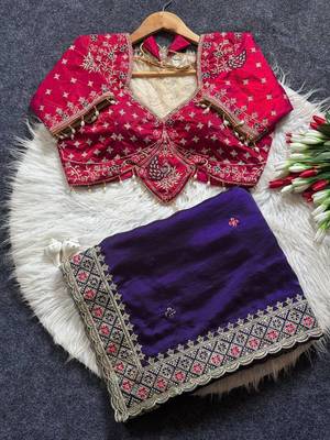 Purple Color Embroidery theard Work Satin Saree 4