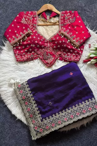 Purple Color Embroidery theard Work Satin Saree