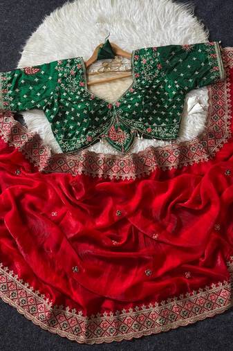 Red Color Embroidery theard Work Satin Saree