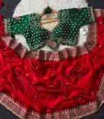 Red Color Embroidery theard Work Satin Saree
