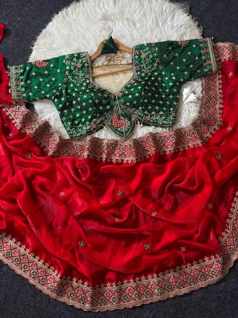 Red Color Embroidery theard Work Satin Saree
