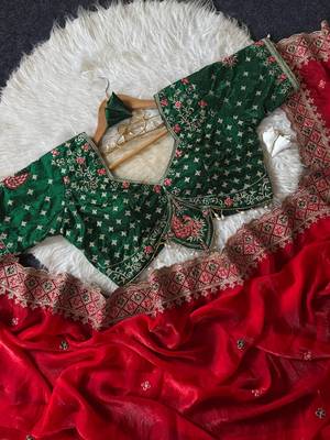 Red Color Embroidery theard Work Satin Saree 3