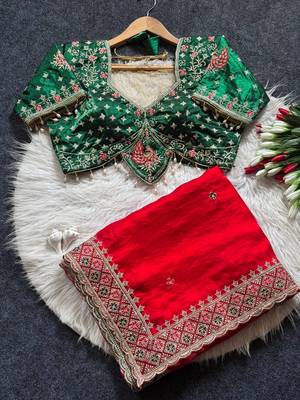 Red Color Embroidery theard Work Satin Saree 4