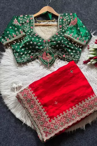 Red Color Embroidery theard Work Satin Saree