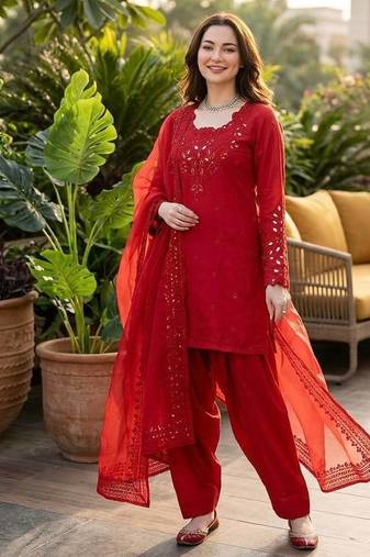 red embroidered kurta set with salwar & organza dupatta