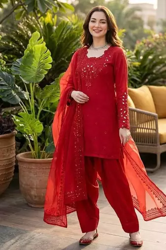 red embroidered kurta set with salwar & organza dupatta