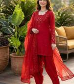 red embroidered kurta set with salwar & organza dupatta
