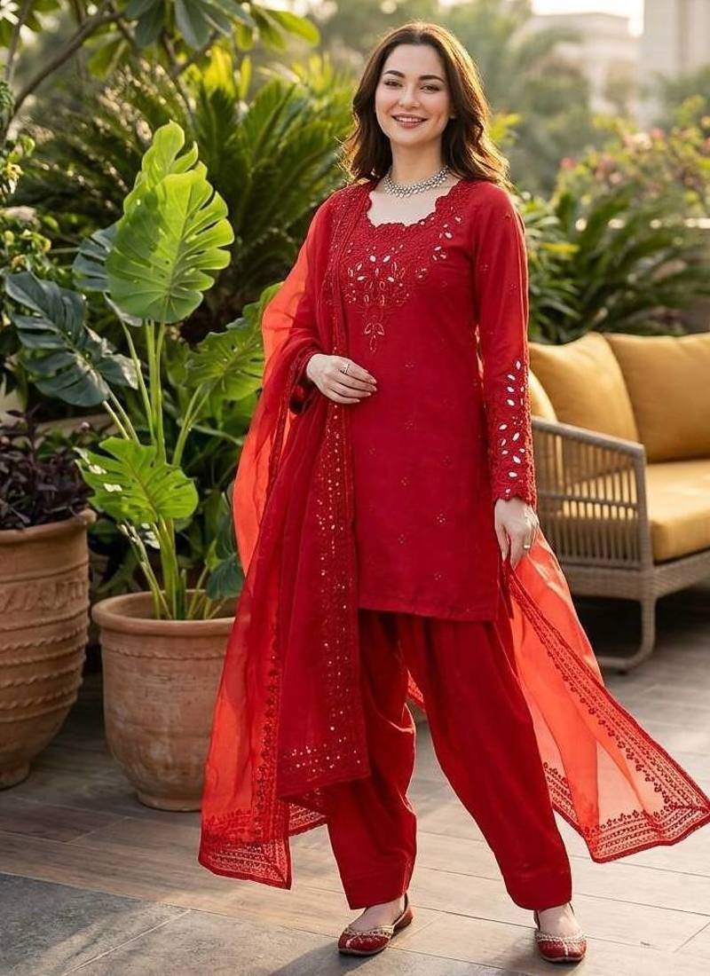 red embroidered kurta set with salwar & organza dupatta