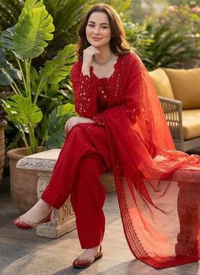 red embroidered kurta set with salwar & organza dupatta 2