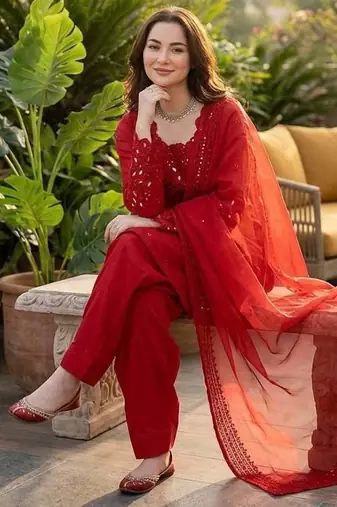 red embroidered kurta set with salwar & organza dupatta