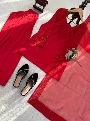 red embroidered kurta set with salwar & organza dupatta 4