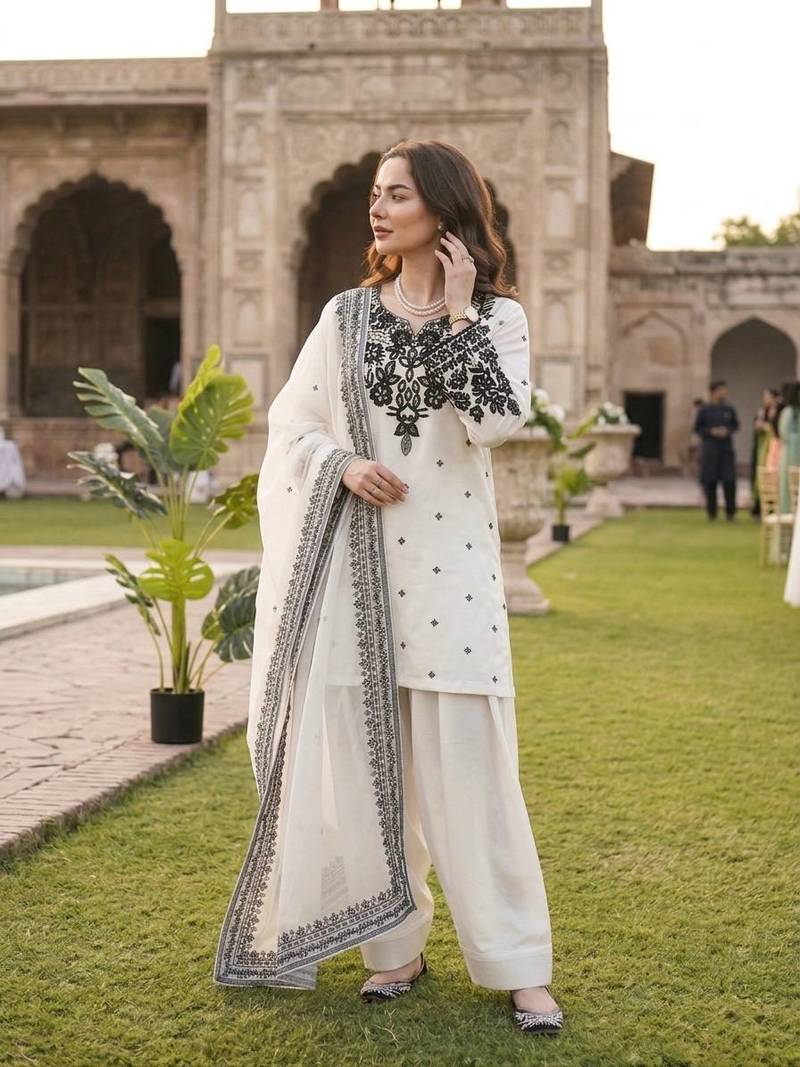 off white embroidered kurta set with salwar & organza dupatta