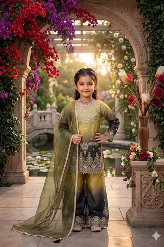 Kids heavy silk embroidered work salwar suit