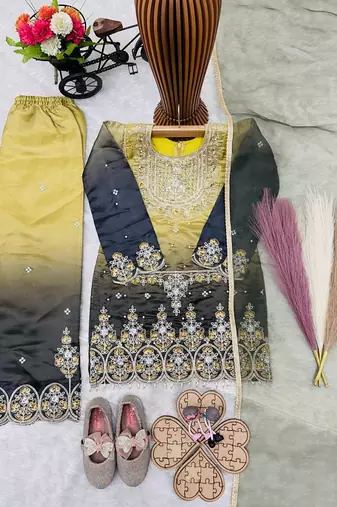 Kids heavy silk embroidered work salwar suit