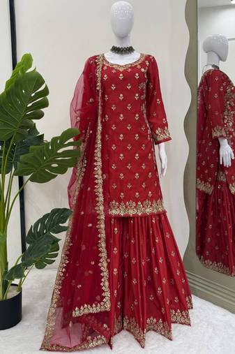 red chinon silk blend sharara suit with dupatta