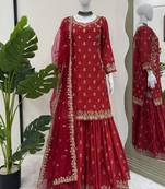 red chinon silk blend sharara suit with dupatta