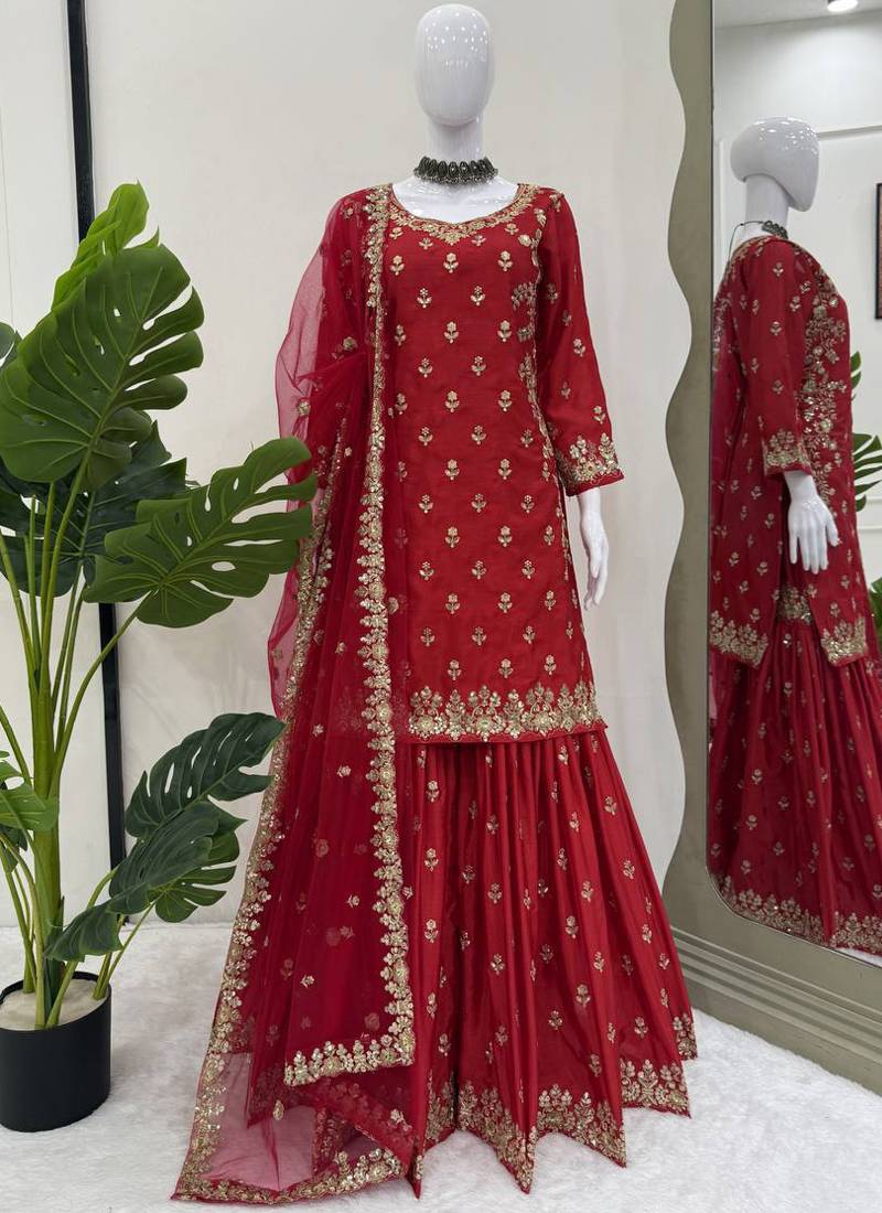 red chinon silk blend sharara suit with dupatta