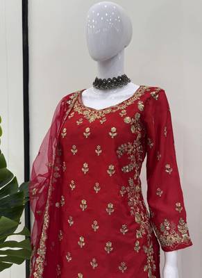 red chinon silk blend sharara suit with dupatta 2