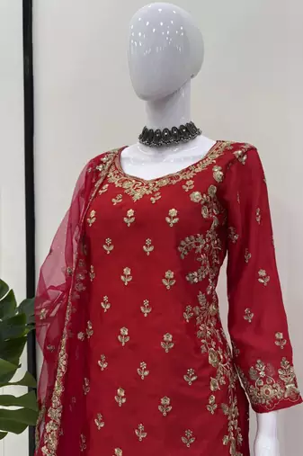 red chinon silk blend sharara suit with dupatta