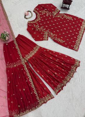 red chinon silk blend sharara suit with dupatta 3