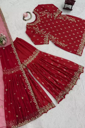 red chinon silk blend sharara suit with dupatta