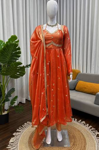 orange silk blend anarkali suit with dupatta