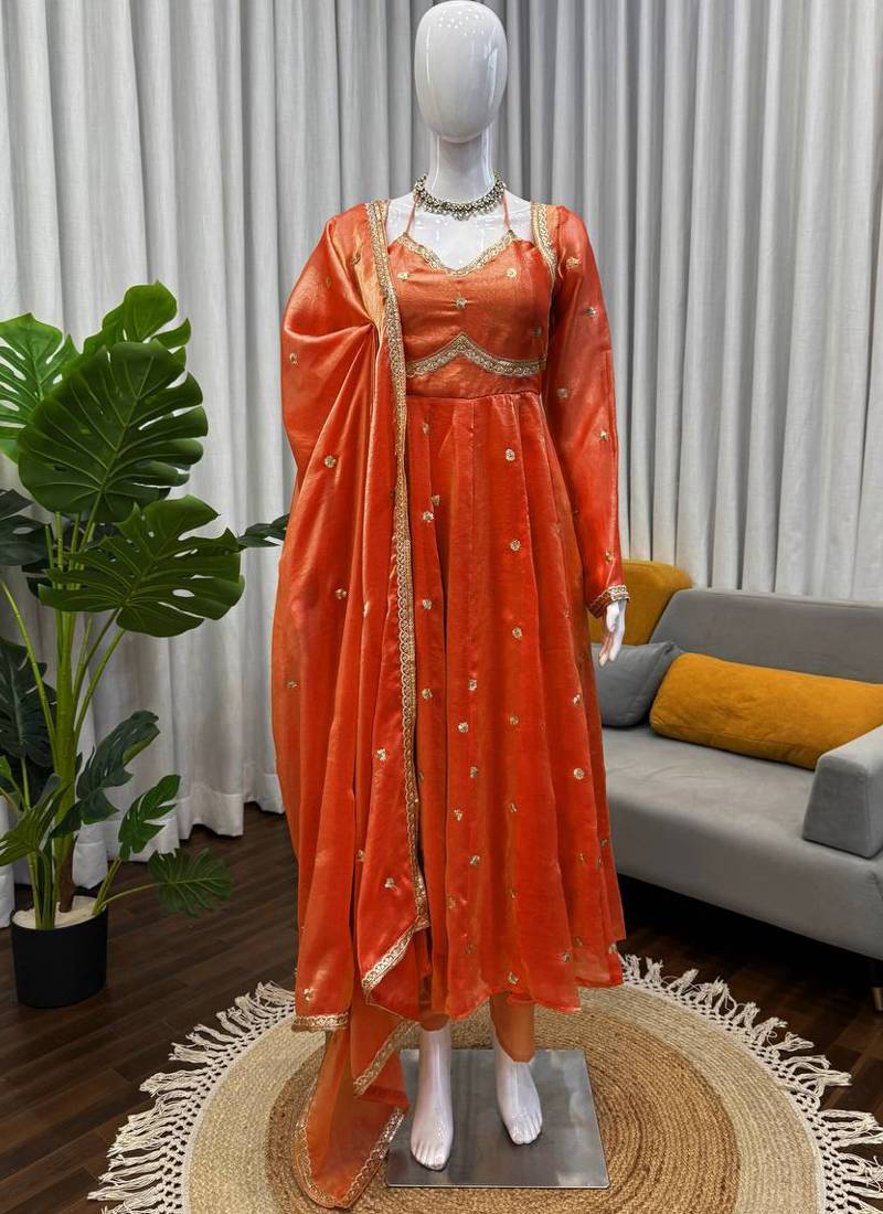 orange silk blend anarkali suit with dupatta