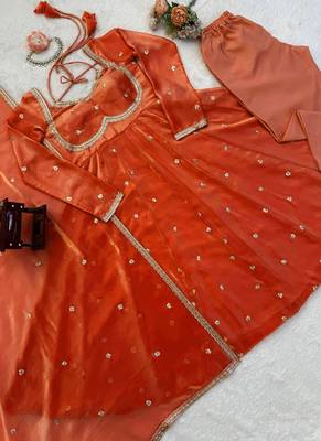 orange silk blend anarkali suit with dupatta 2