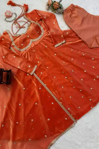 orange silk blend anarkali suit with dupatta