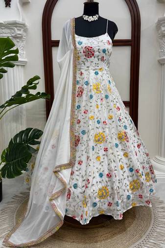 white georgette anarkali suit with dupatta