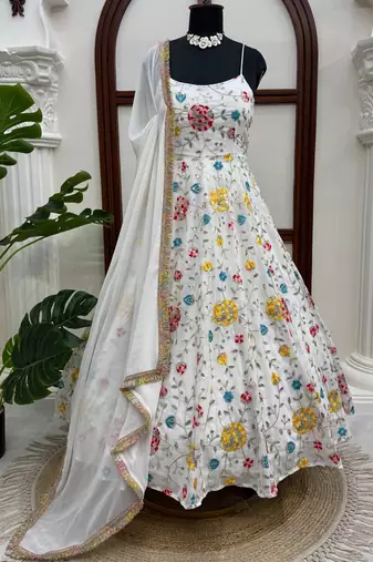 white georgette anarkali suit with dupatta