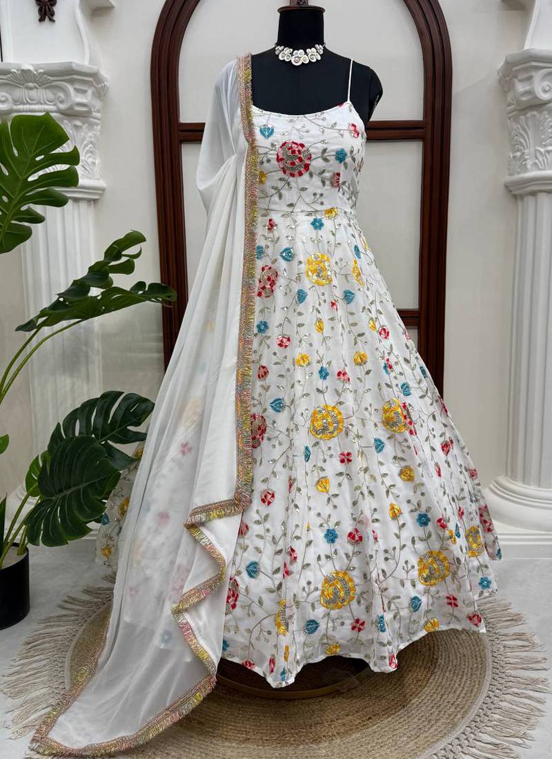 white georgette anarkali suit with dupatta