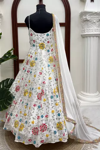 white georgette anarkali suit with dupatta