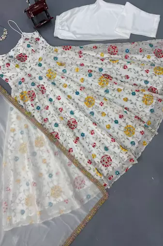 white georgette anarkali suit with dupatta