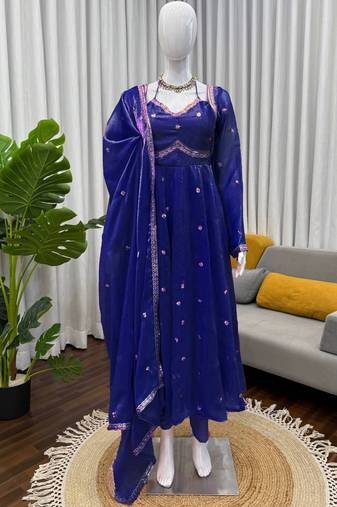 blue silk blend anarkali suit with dupatta