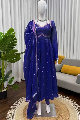 blue silk blend anarkali suit with dupatta