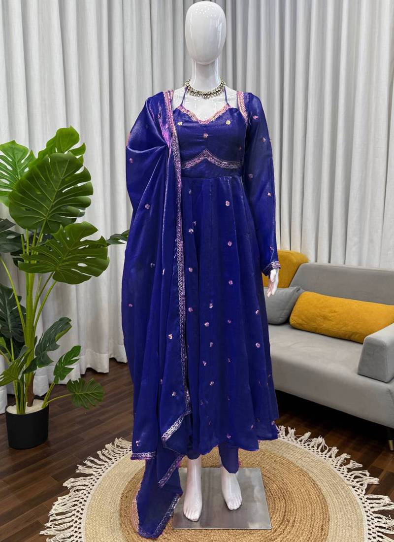 blue silk blend anarkali suit with dupatta