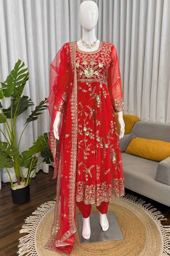 red georgette anarkali salwar suit with dupatta