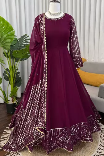 wine georgette anarkali salwar suit with dupatta