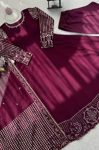 wine georgette anarkali salwar suit with dupatta