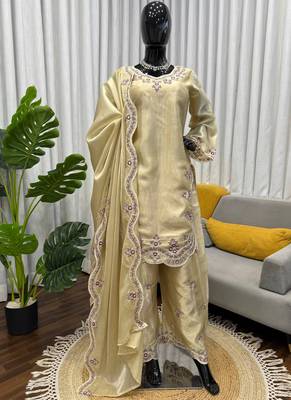 beige silk blend salwar suit with dupatta 1