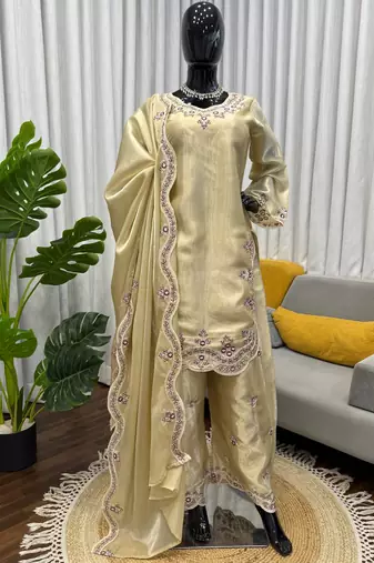 beige silk blend salwar suit with dupatta