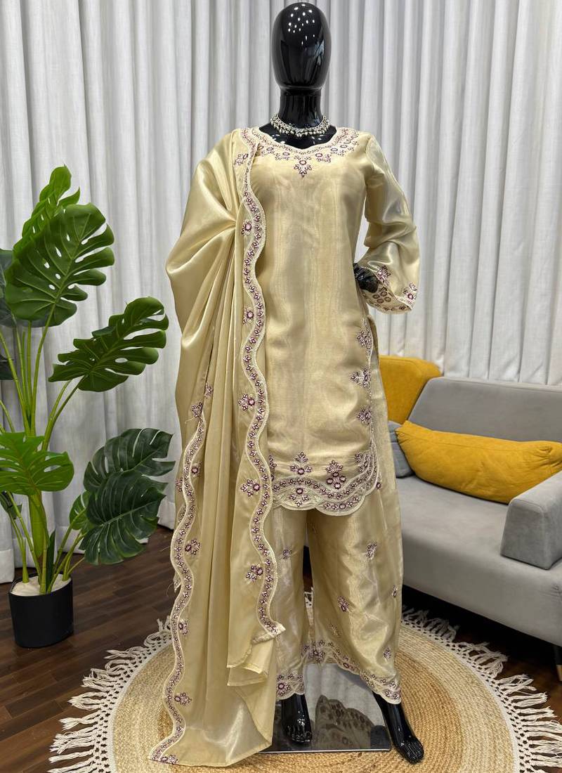 beige silk blend salwar suit with dupatta