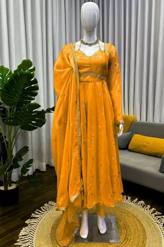 yellow silk blend anarkali suit with dupatta