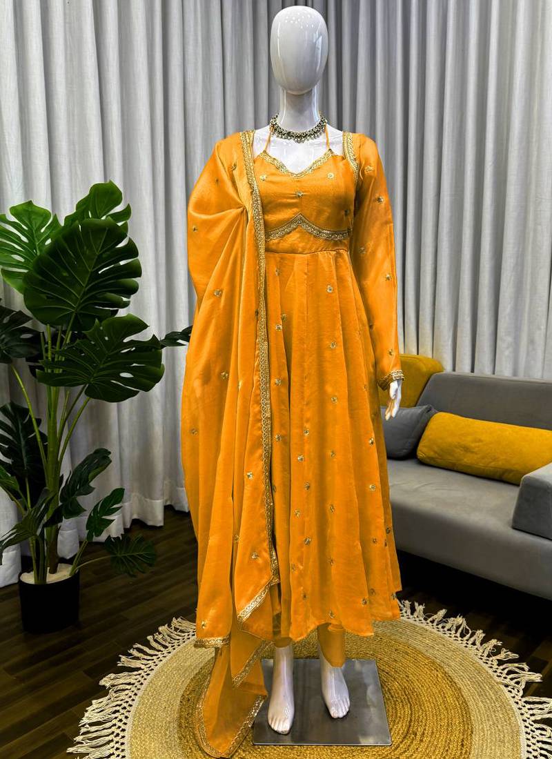 yellow silk blend anarkali suit with dupatta